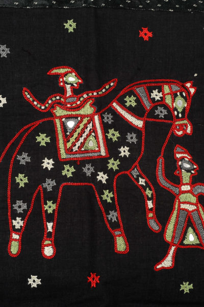 black Gujarati toran door hanging with red embroidery - close up