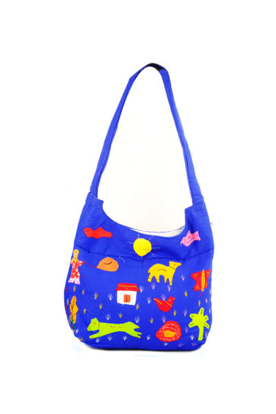 blue Gujarati patchwork handbag - back view