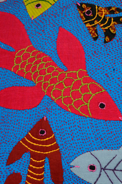 blue kantha stitch applique cotton cushion cover - close up