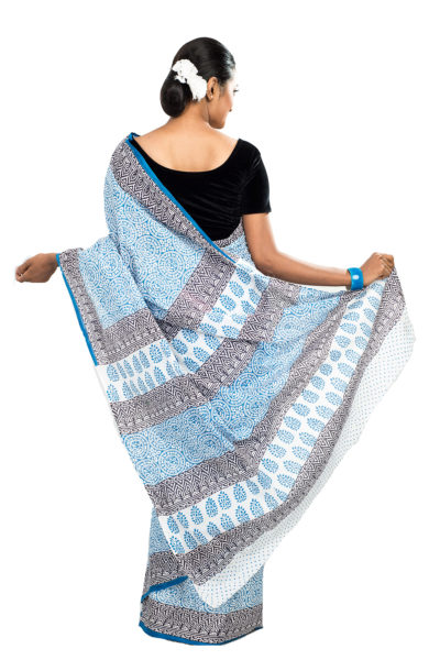 blue sanganeri block printed cotton saree - back view 1