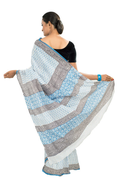 blue sanganeri block printed cotton saree - back view 2
