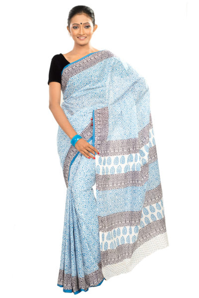 blue sanganeri block printed cotton saree - front view