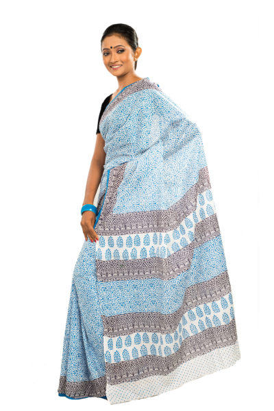 blue sanganeri block printed cotton saree - side view