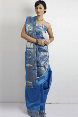 blue-silver Baluchari silk saree - front view