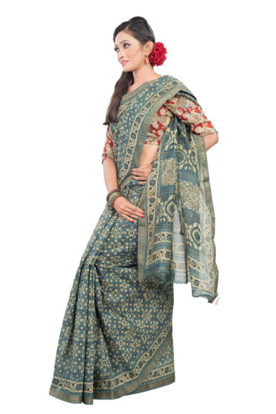 bluish grey block printed maheshwari saree - side view