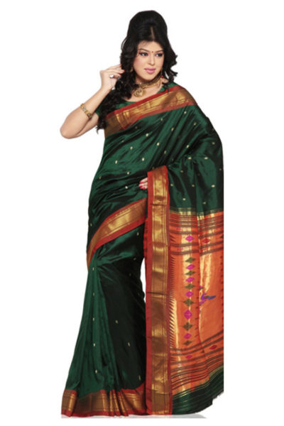 Traditional bottle-green Paithani silk saree with red border