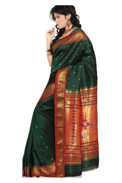 bottle green Paithani silk saree with red border - side view
