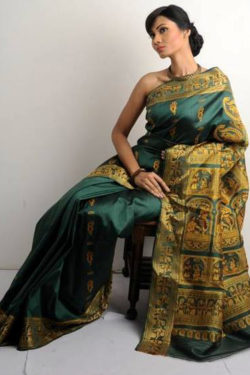 Traditional Bottle Green-Yellow Baluchari Silk Saree With Mythological Motifs
