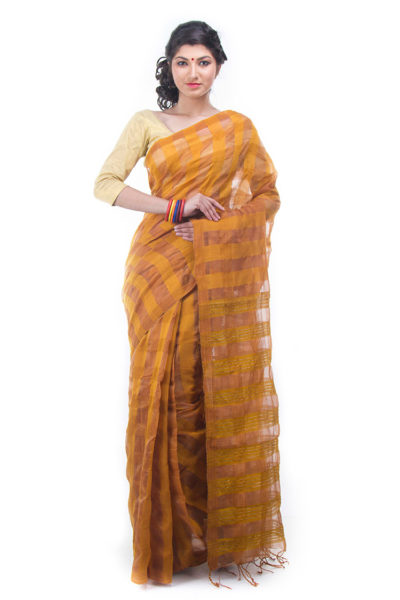brown mustard easy wear saree - front view