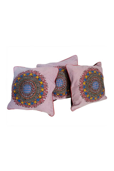 circular pattern handpainted Madhubani ghicha fabric cushion covers - 2