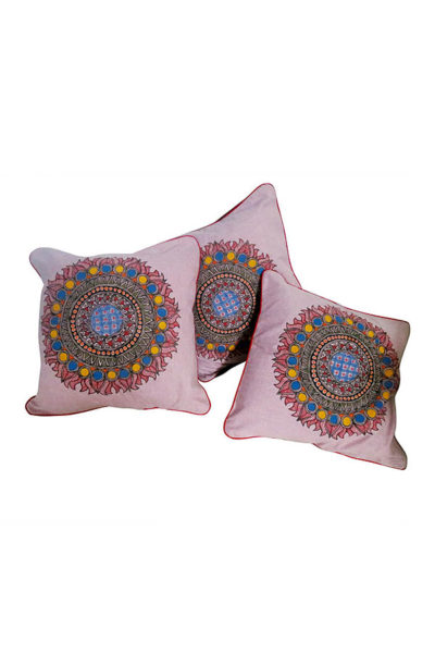 Circular pattern handpainted Madhubani ghicha fabric cushion covers