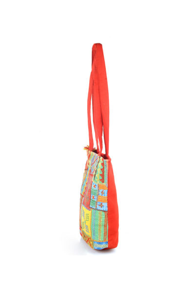 colorful Gujarati patchwork handbag - side view