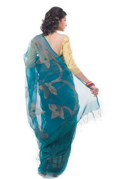 designer saree sea green and gold - back view