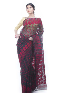 exclusive black-red dhakai jamdani saree from Bangladesh - front view