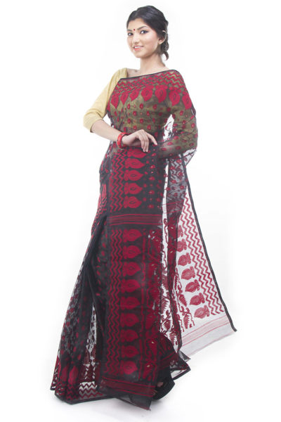 exclusive black-red dhakai jamdani saree from Bangladesh - side view