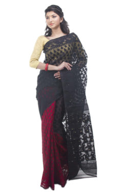 exclusive black-red half-half dhakai jamdani saree from Bangladesh