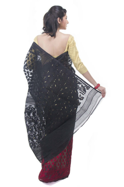 exclusive black-red half-half dhakai jamdani saree from Bangladesh - back view
