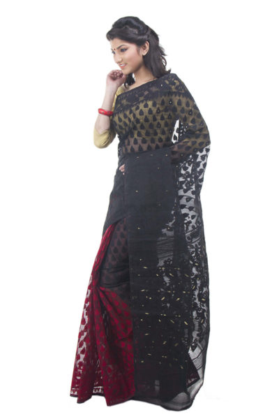 exclusive black-red half-half dhakai jamdani saree from Bangladesh - side view