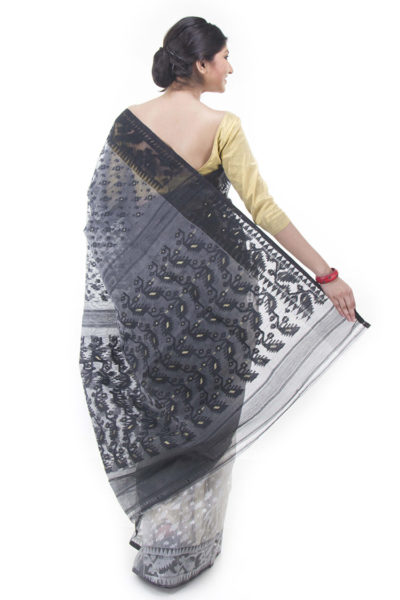 exclusive black-white half-half dhakai jamdani saree from Bangladesh - back view
