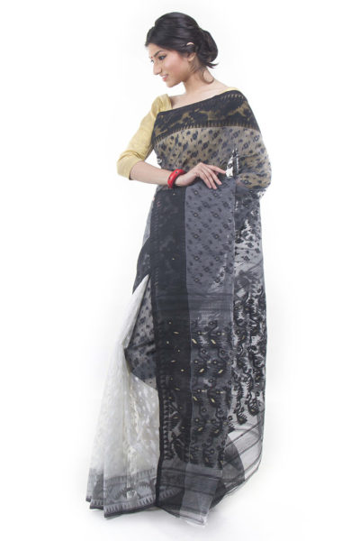 exclusive black-white half-half dhakai jamdani saree from Bangladesh - side view