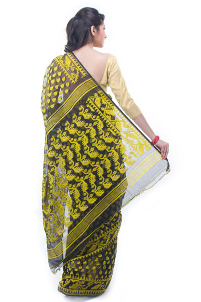 exclusive black-yellow dhakai jamdani muslin saree from Bangladesh - back view