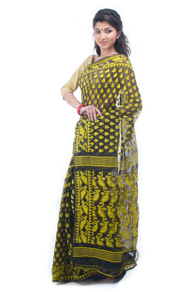 exclusive black-yellow dhakai jamdani muslin saree from Bangladesh - side view