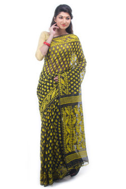exclusive black-yellow dhakai jamdani muslin saree from Bangladesh