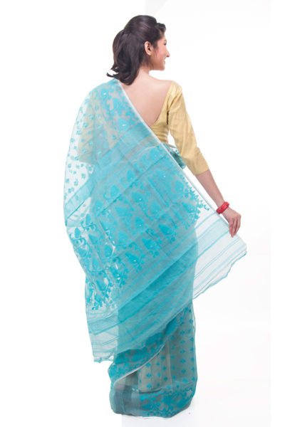 exclusive light blue dhakai jamdani muslin saree from Bangladesh - back view