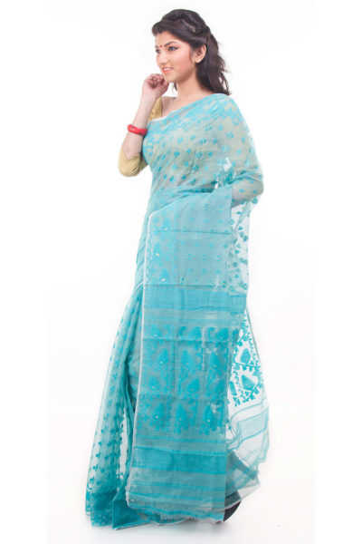 exclusive light blue dhakai jamdani muslin saree from Bangladesh - side view