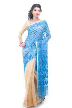 exclusive light blue-off white half-half dhakai jamdani muslin saree from Bangladesh