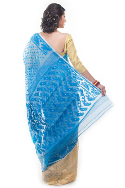 exclusive light blue-off white half-half dhakai jamdani muslin saree from Bangladesh - back view