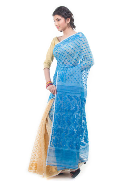 exclusive light blue-off white half-half dhakai jamdani muslin saree from Bangladesh - side view
