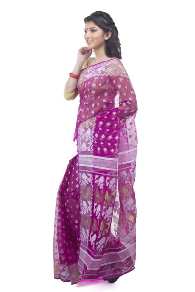 exclusive magenta dhakai jamdani saree from Bangladesh - side view
