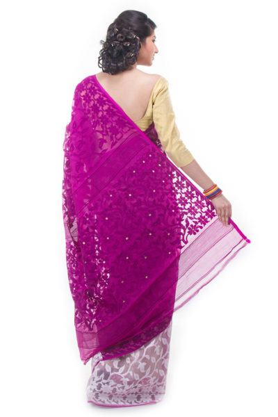 exclusive magenta-white half-half dhakai jamdani muslin saree from Bangladesh - back view