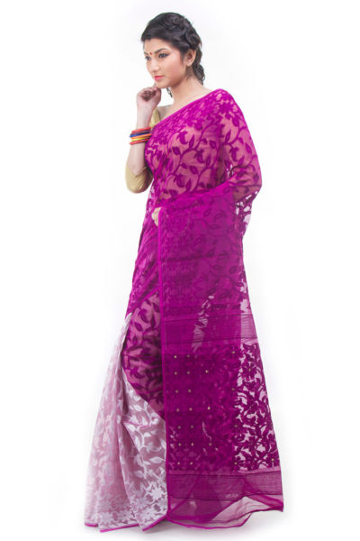 exclusive magenta-white half-half dhakai jamdani muslin saree from Bangladesh - side view