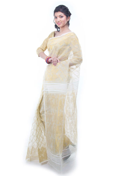 exclusive off white-gold dhakai jamdani muslin saree from Bangladesh - side view