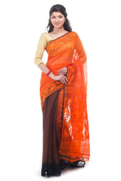 exclusive orange-black half-half dhakai jamdani muslin saree from Bangladesh