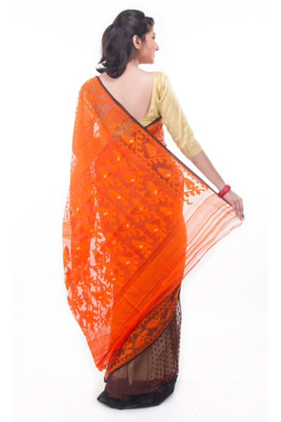 exclusive orange-black half-half dhakai jamdani muslin saree from Bangladesh - back view