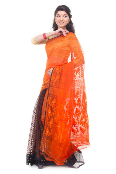 exclusive orange-black half-half dhakai jamdani muslin saree from Bangladesh - side view