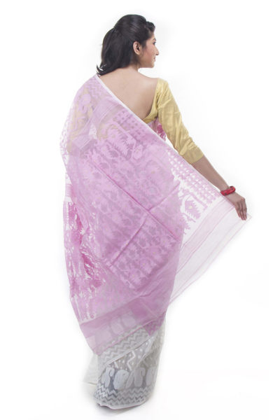 exclusive pink-white half-half dhakai jamdani saree from Bangladesh - back view