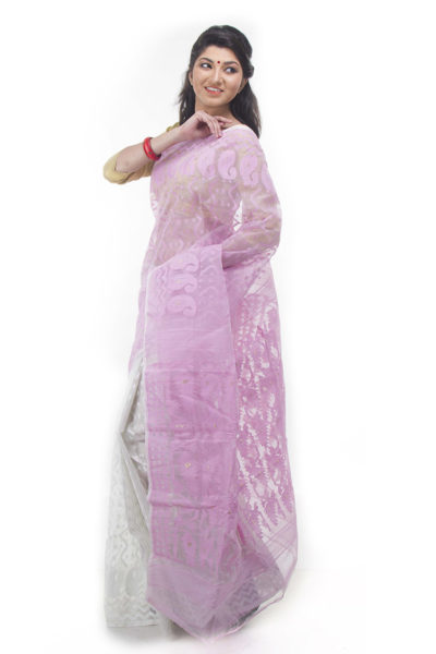 exclusive pink-white half-half dhakai jamdani saree from Bangladesh - side view