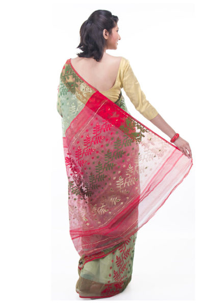 exclusive pista green dhakai jamdani muslin saree from Bangladesh - back view