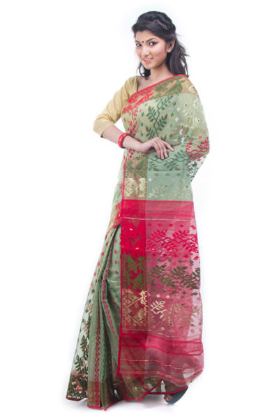 exclusive pista green dhakai jamdani muslin saree from Bangladesh - side view