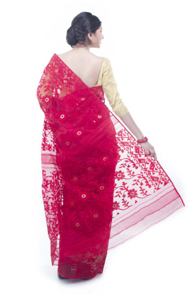 exclusive red dhakai jamdani saree from Bangladesh - back view