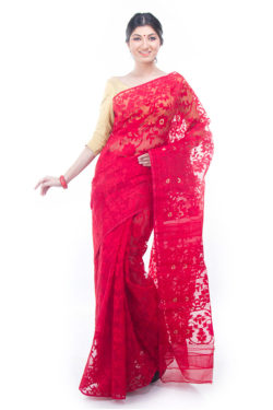 exclusive red dhakai jamdani saree from Bangladesh - front view