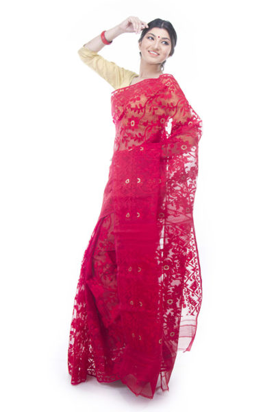 exclusive red dhakai jamdani saree from Bangladesh - side view