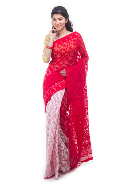 exclusive red-white half-half dhakai jamdani muslin saree from Bangladesh