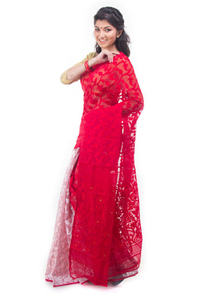 exclusive red-white half-half dhakai jamdani muslin saree from Bangladesh - side view