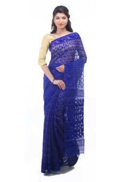exclusive royal blue dhakai jamdani muslin saree from Bangladesh