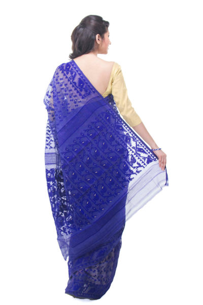 exclusive royal blue dhakai jamdani muslin saree from Bangladesh - back view